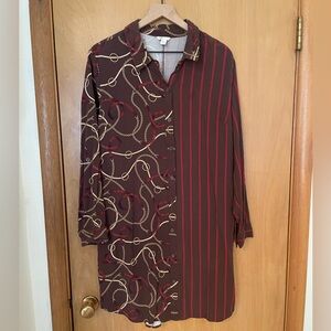 Cato Versace Inspired Chain Links Pinstripe Button Down Short Dress Size L/XL